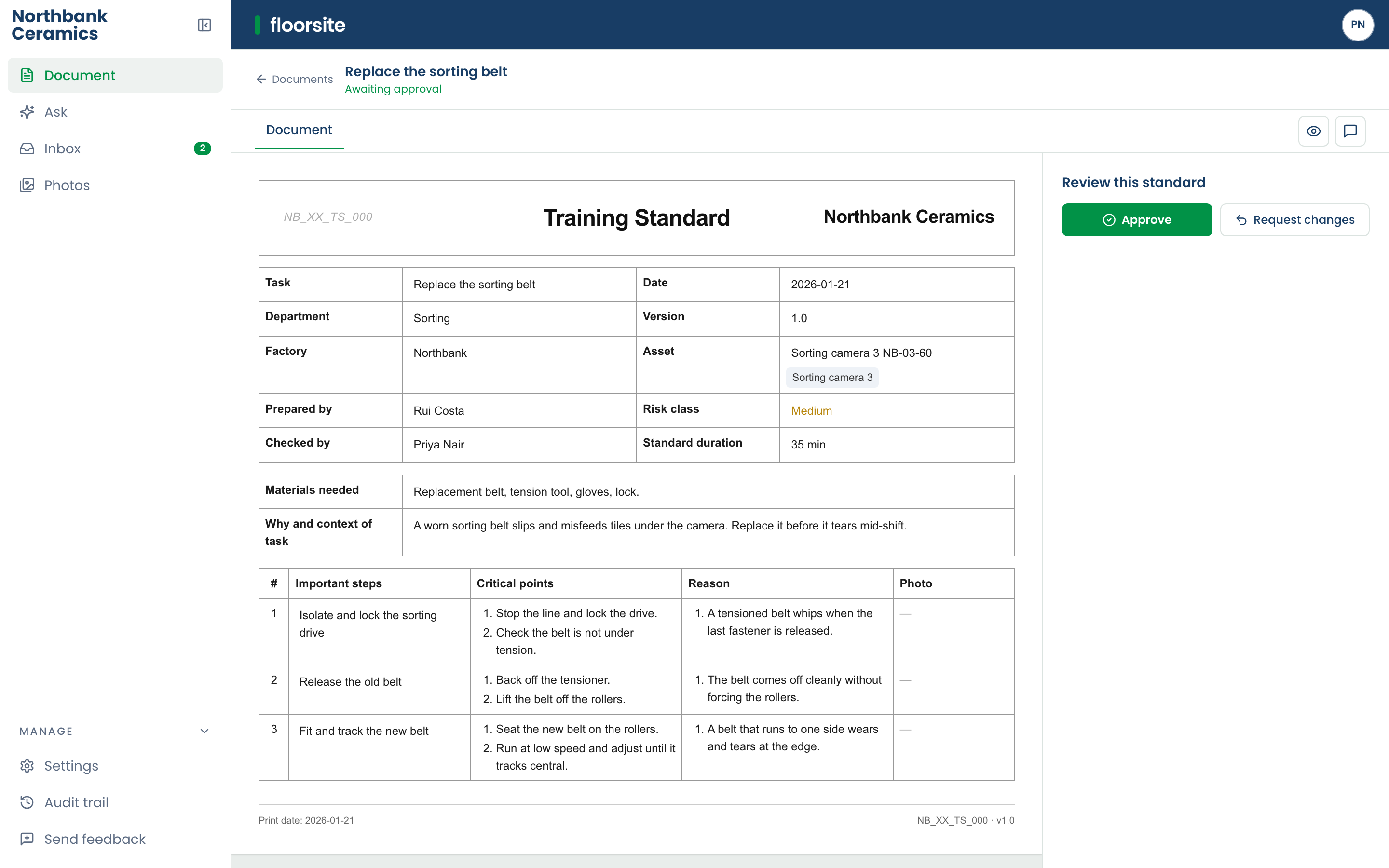 The approval view: a submitted draft, the changes, and the signature field where the approver types their name.