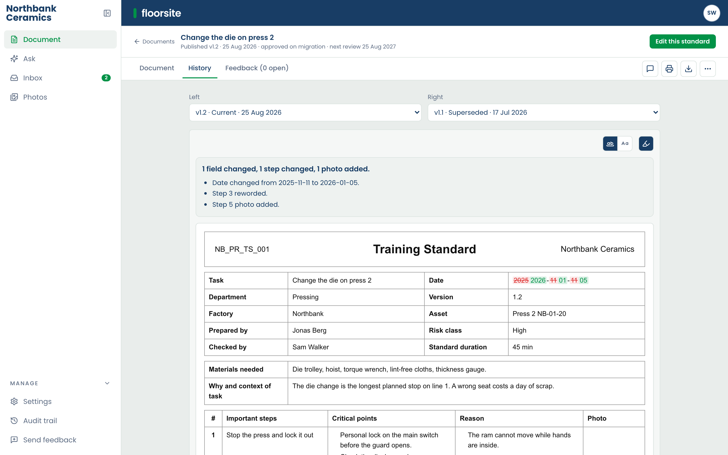 Compare on the History tab: two versions side by side, the changes marked inside the standard, with a summary of what changed.