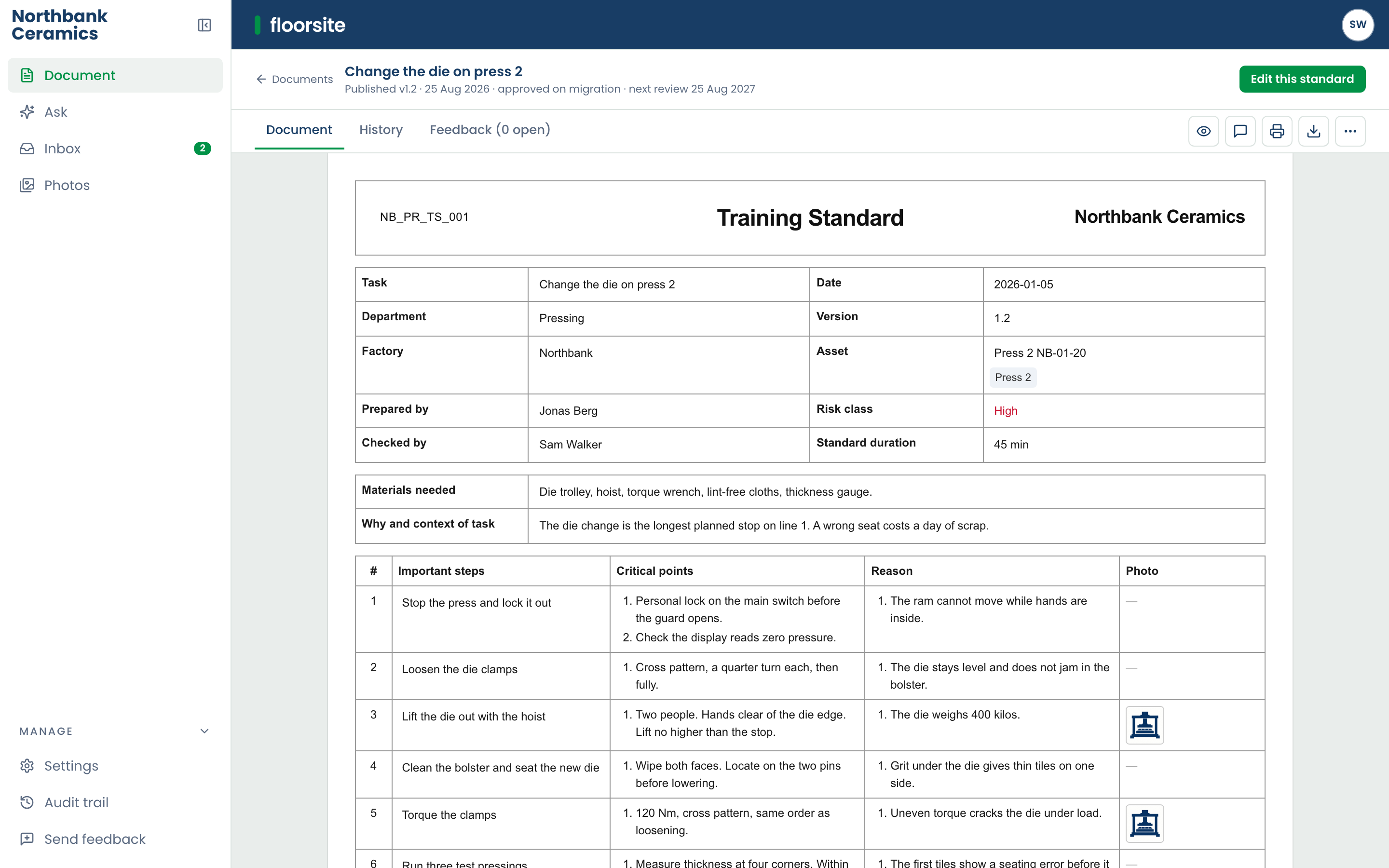 The desk, a published training standard shown exactly as it prints: masthead, header grid, materials and context, the steps table with critical points, reasons and photos.