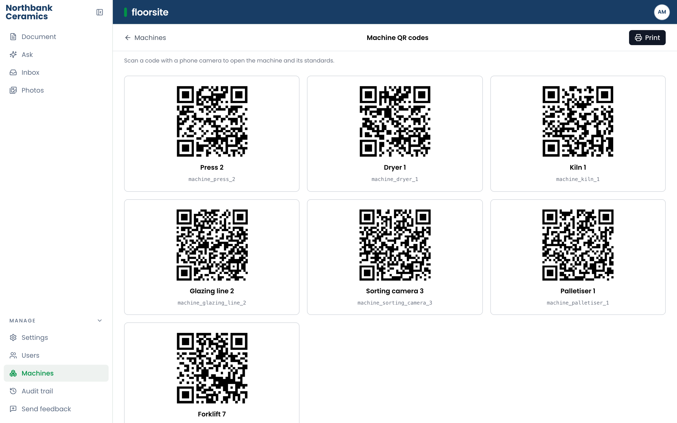 The machine sheet: one QR code per machine, printed for the floor.