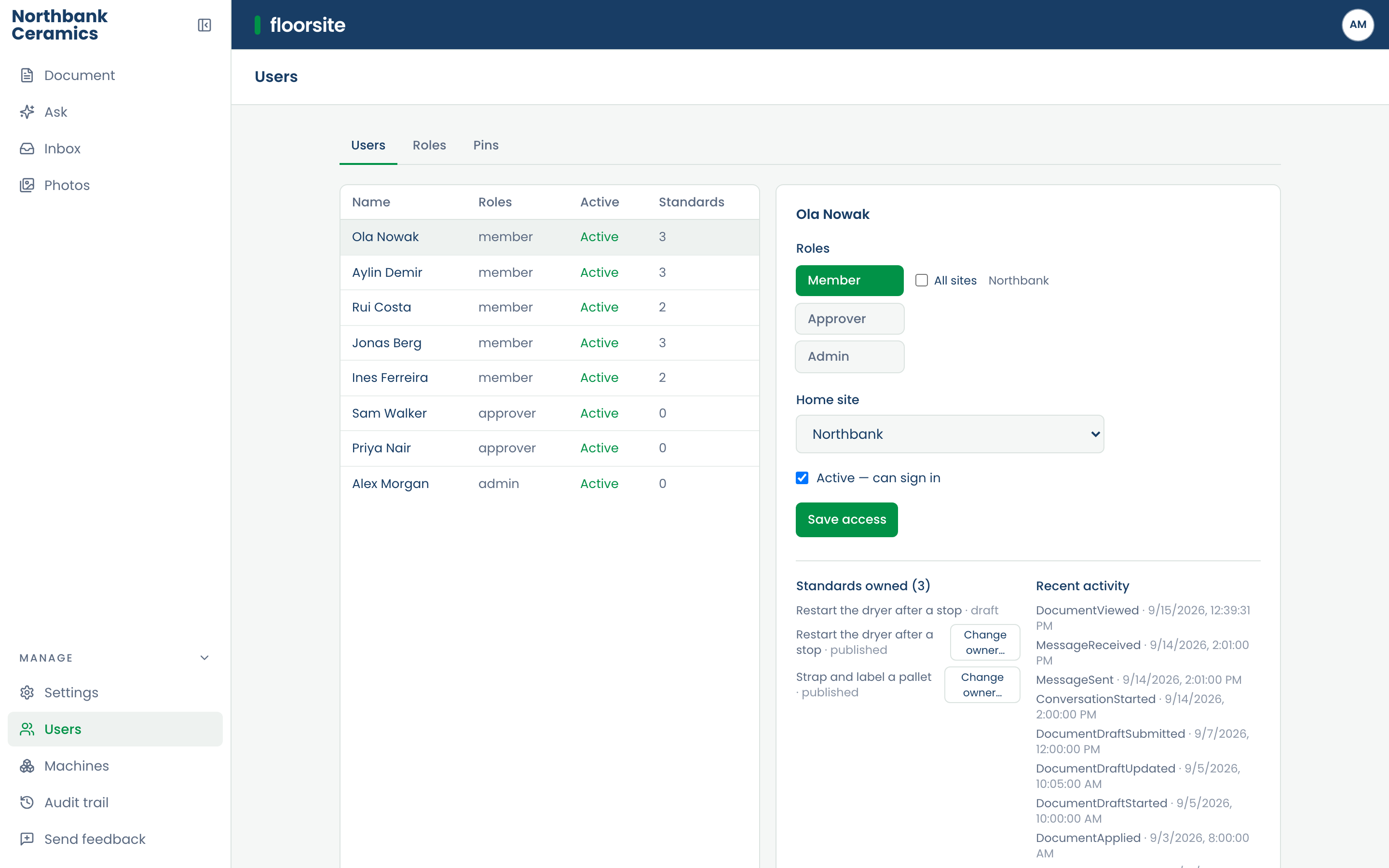 Users at the desk: people, their roles, and who may approve.