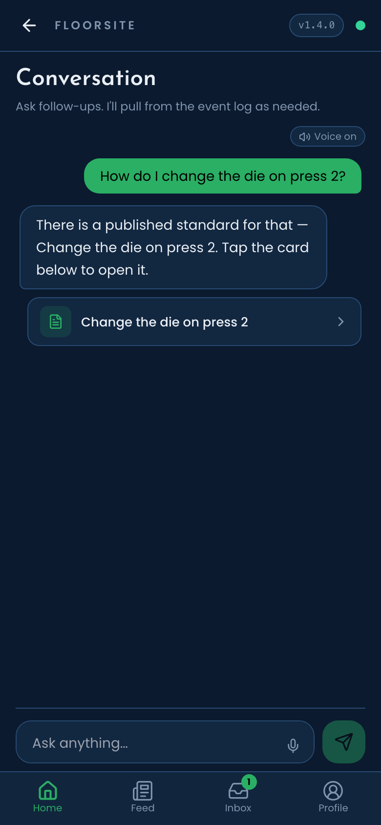 Ask: a spoken question and the answer, with the standard and step it came from.
