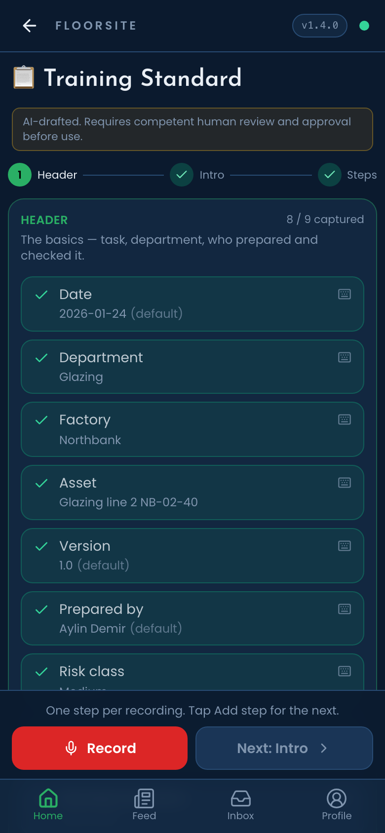 The capture screen on a phone: the header of a training standard filled in by voice, eight of nine fields captured.