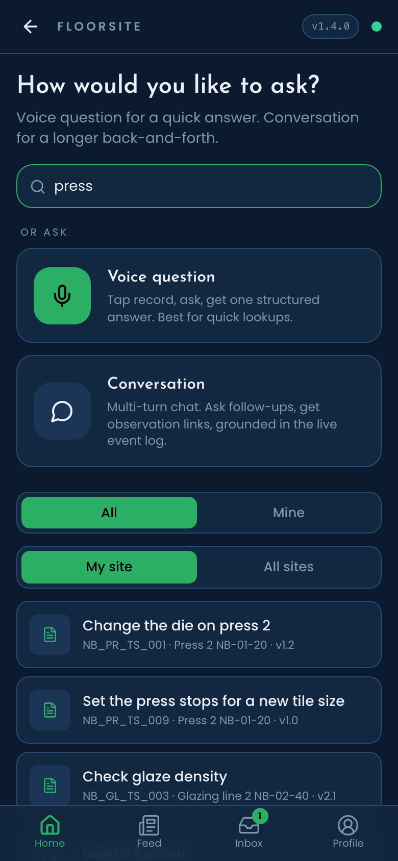Find: results for press, by task and machine.