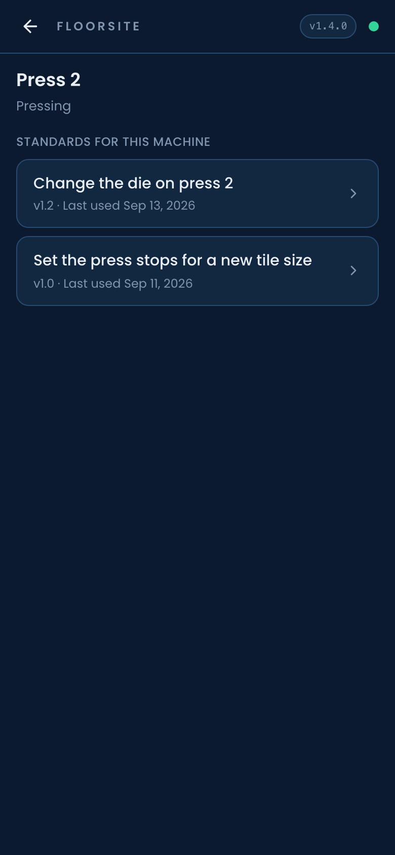 A machine page opened by scanning its code, listing its standards.